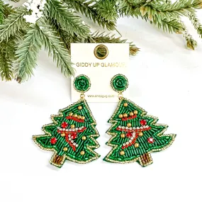 Beaded Christmas Tree Earrings with Red and Clear Crystals