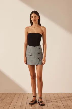 BIRILLA LINEN ASYMMETRICAL BUTTON MINI SKIRT - ASH