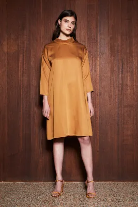 LEAF LITTER DRESS [ Mustard Orange Tencel, Long Sleeves, Roll Neck ]